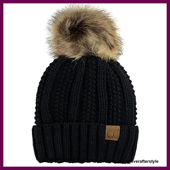 Thick Cable Knit Fleece Lined Skull Cap Beanie Faux Fur Pom Y2K Chic main image 5